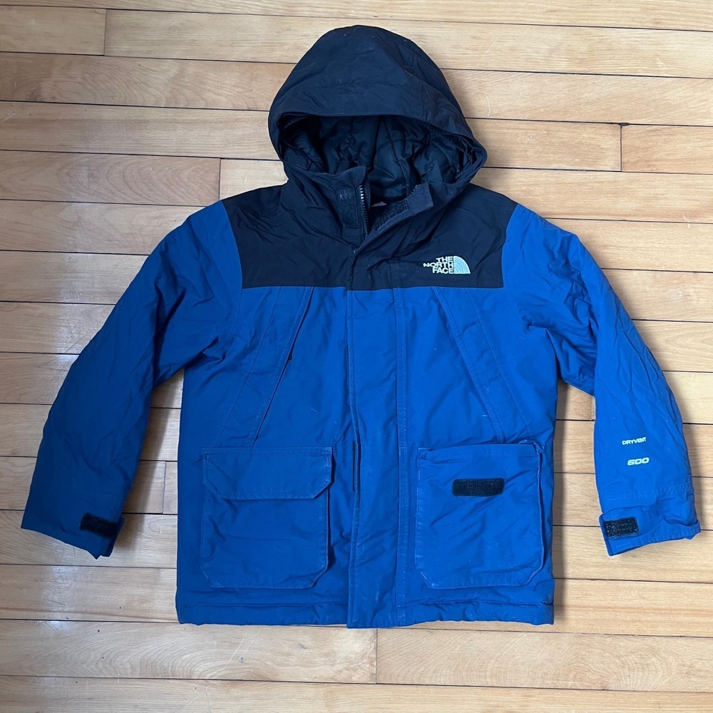 The North Face Boys DryVent 600 Down Parka Jacket Blue Black Size S 7/8